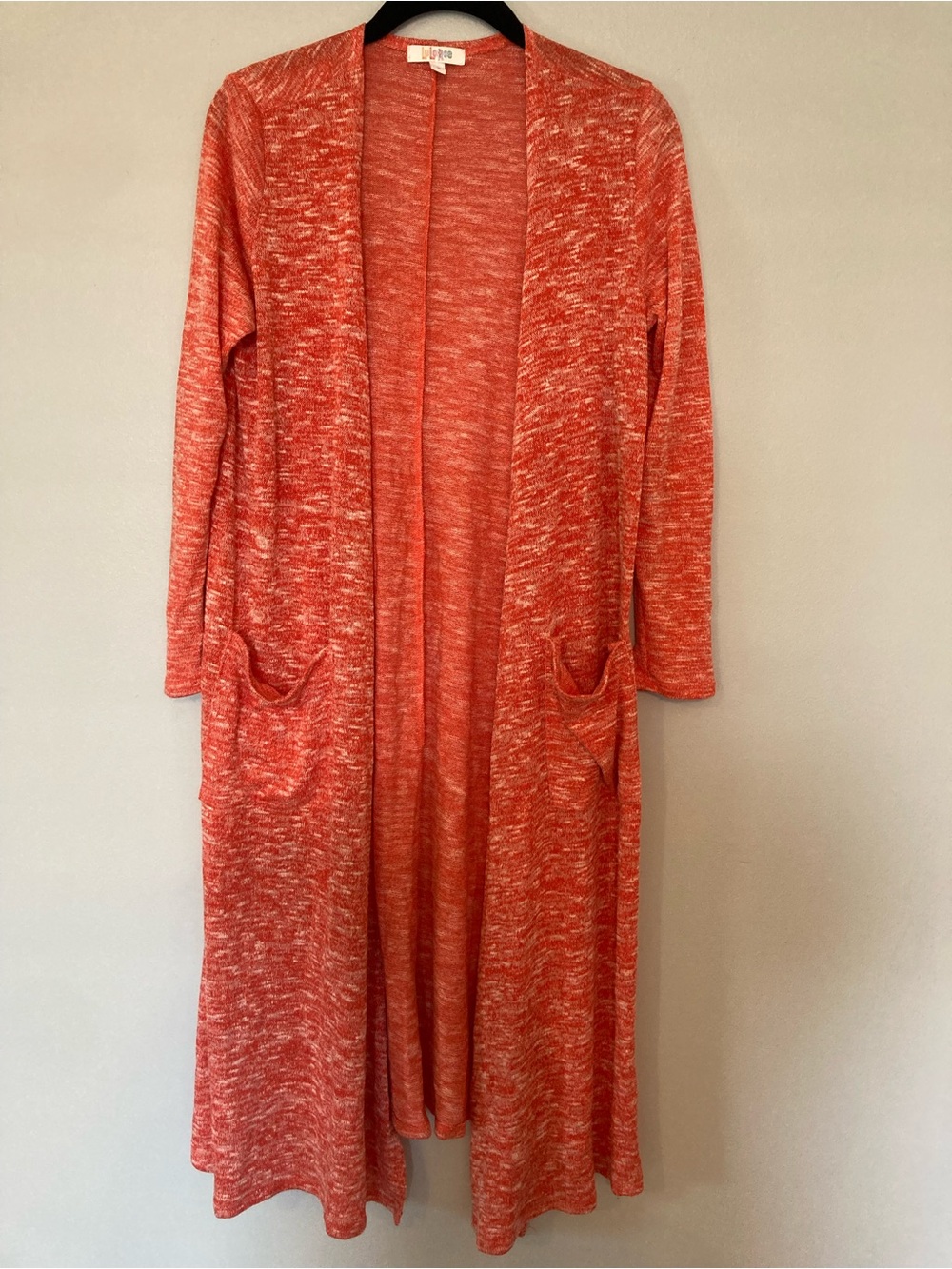 LuLaRoe Long Open-Front Duster Cardigan with Pockets Heathered Red Orange sz S